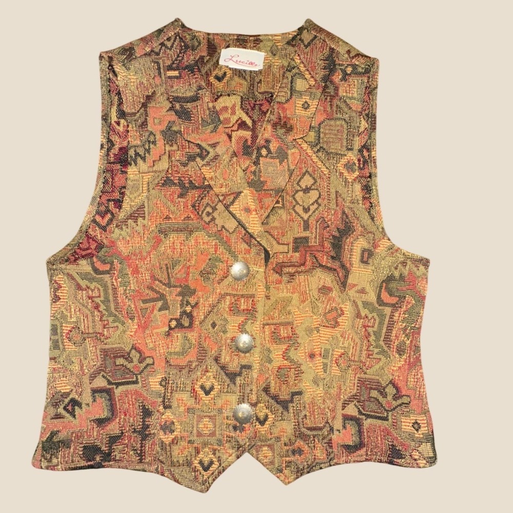 Lucille Vintage Southwestern Tapestry Vest Women Medium Earth Tone Concho Button